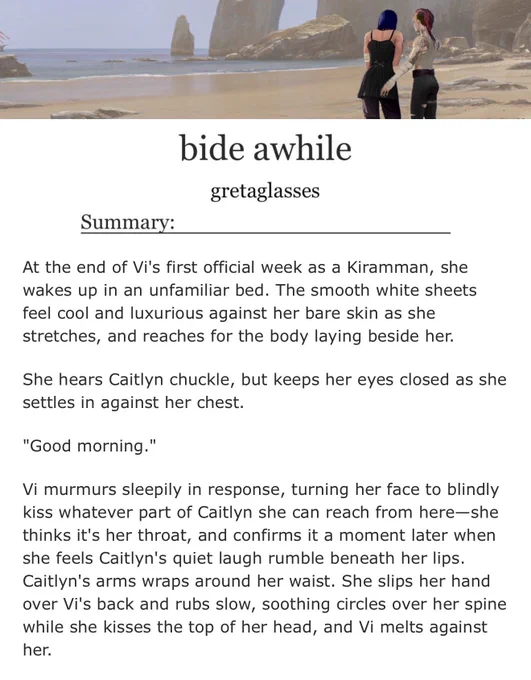 a screenshot from chapter 5 of bide awhile by gretaglasses. at the top is a banner featuring Caitlyn and Vi walking beside each other on a rocky shoreline.
