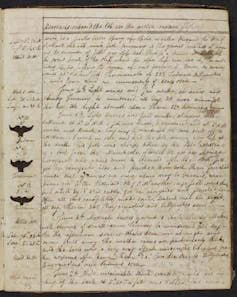 A page from a logbook of the 1814 voyage of the ship Esk to Greenland, captained by William Scoresby Jr. Whalers would record their longitude, latitude and environmental observations. They would sketch tail flukes when they successfully killed and captured whales, typically noting the amount of blubber and length of longest baleen.  (New Bedford Whaling Museum)