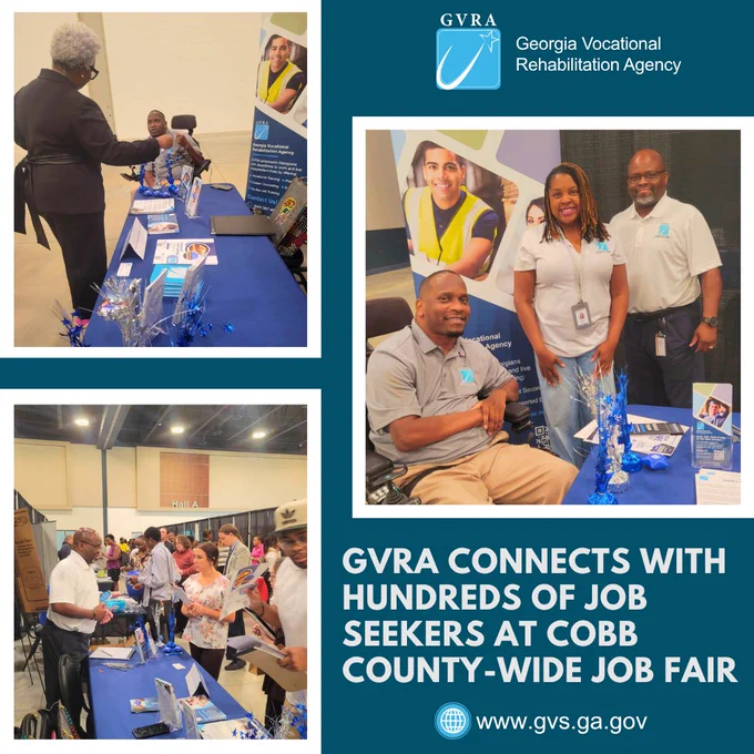 A photo collage of three GVRA staff wearing a polo shirt and talking to people about GVRA services.