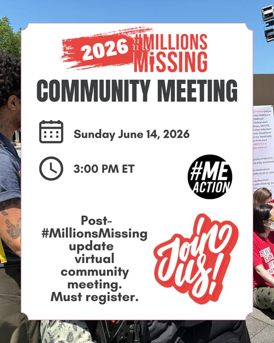Announcement for the 2026 #MillionsMissing virtual community meeting on June 14 at 3 PM ET, requiring registration and hosted by #MEAction. Text with white background overlaid on a photo that you can only see as border. 
