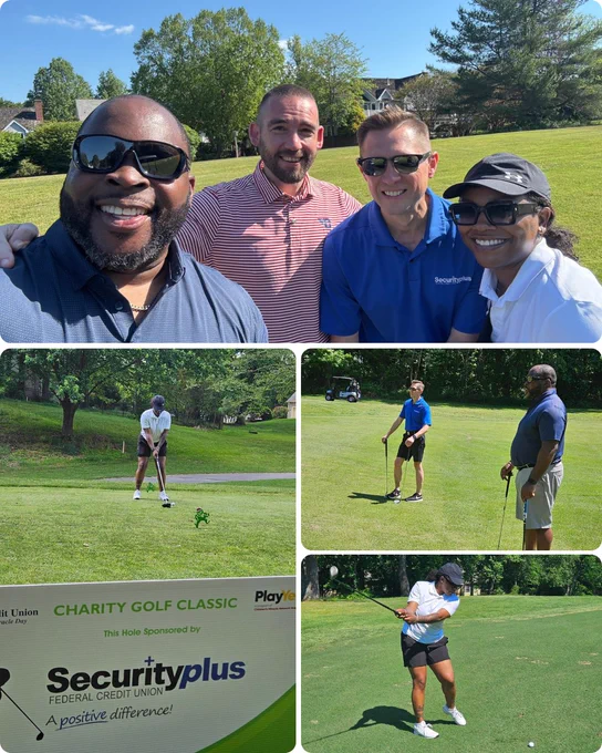 A group of people participating in a charity golf classic event sponsored by Securityplus Federal Credit Union. The atmosphere is cheerful and collaborative.