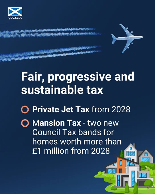 Fair, progressive and sustainable tax. 

Private Jet Tax from 2028
Mansion Tax - two new Council Tax bands for homes worth more than £1 million from 2028