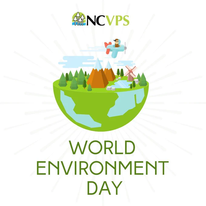 

Graphic celebrating World Environment Day featuring a cross-section of Earth showing mountains, trees, a pond, and a windmill, with a small airplane flying above and the NCVPS logo at the top.
