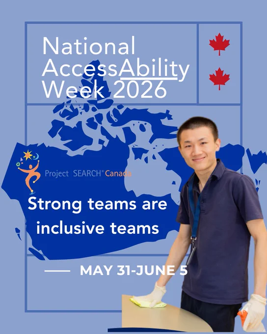 A worker cleaning a table in front of a map of Canada. Text states "National accessability week 2026: Strong teams are inclusive teams. May 31-June 5"