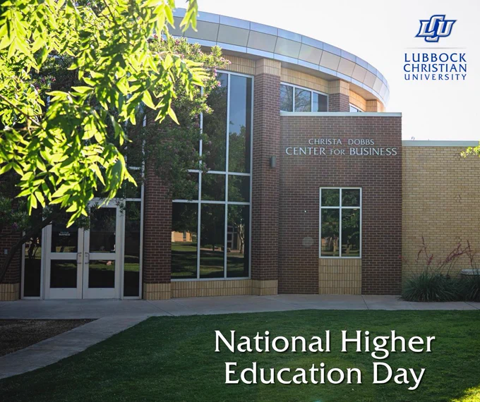 photo of a campus building surrounded by greenery. text overlayed reads 'national higher education day' and the LCU logo is placed in the top right corner of the image