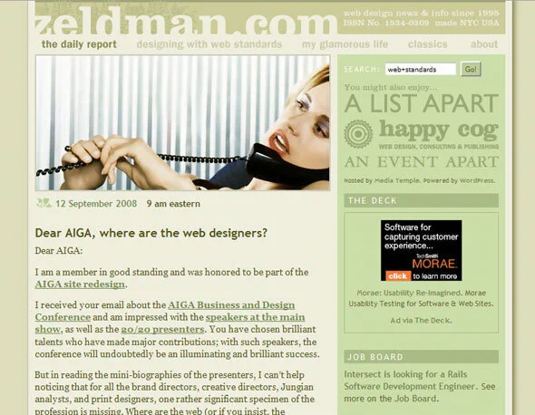 Screenshot: multi-column layout of "Jeffrey Zeldman Presents The Daily Report" from 12 September 2008. One of many designs the site has gone through in its 31-year evolution.