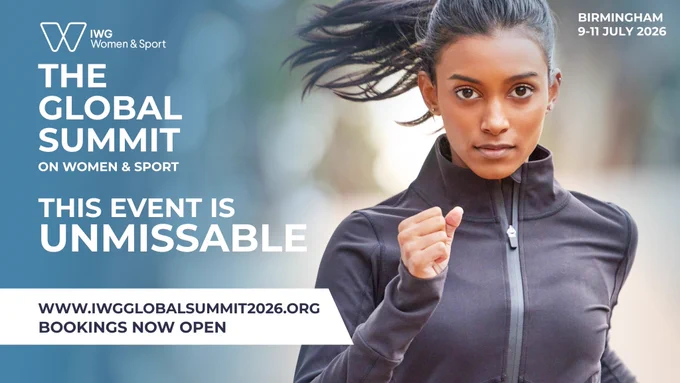 Image of a woman running, with information about the IWG Global Summit written to the left.