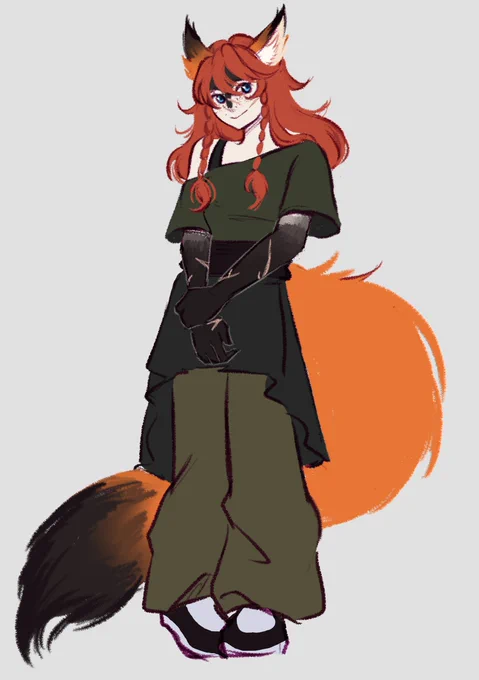 Extra design details; Lots of freckles. black/grey fur on her hands, forearms, forehead, nose, feet and legs up to knees. Bushy ears and tail. Scars along her arms and small scars on her face from hunting. Loves wearing baggy clothes alongside skirts, off-shoulder tops, capes and crop tops. Her hair is almost always down, sometimes with flowers woven through, with her front hair braided.