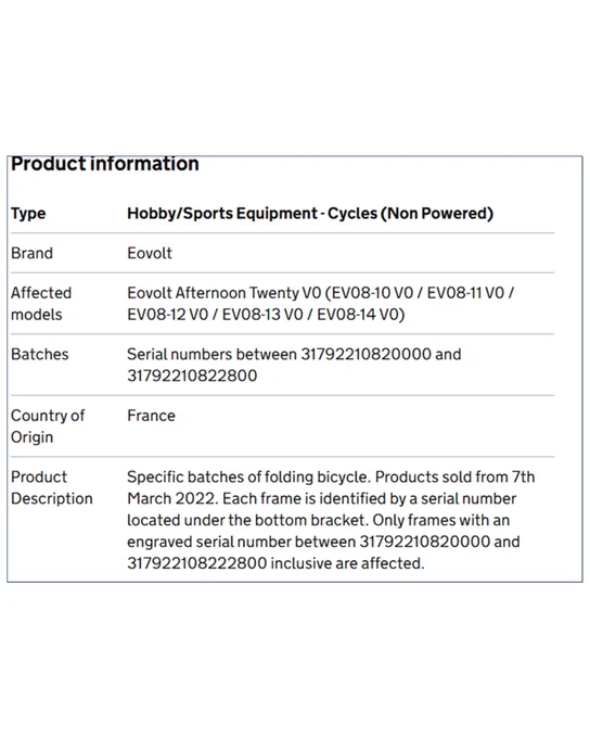 Image of Product Recall for Eovolt Afternoon Twenty V0 Bicycles batch codes.
