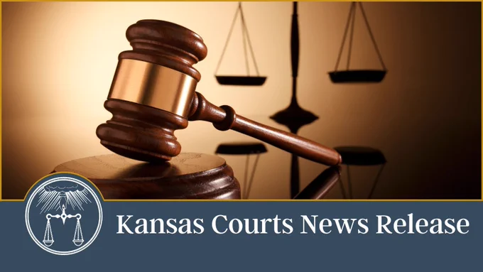 Kansas Courts News Release. Gavel with scales of justice in background. 