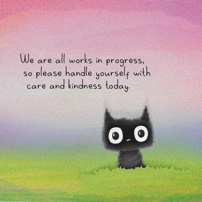 A small black cat with wide, expressive eyes peeks out from a field of soft green grass beneath a pastel sky blended with pink, purple, blue, and yellow hues. Above the cat, the text reads: “We are all works in progress, so please handle yourself with care and kindness today.”