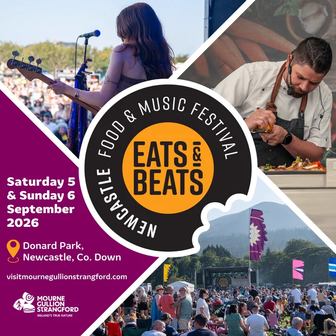 Carousel promoting Eats & Beats Festival 2026. Images feature local food, live music, and scenery from the Mourne Mountains. Event takes place in Newcastle, County Down on 5–6 September 2026, with tickets on sale from 11 June.