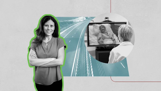 Dr. Cummins standing with crossed arms smiling confidently, highlighted by a green outline. Next to them, there's a circular inset showing a telemedicine consultation on a screen displaying a patient in a hospital bed with a healthcare professional. The background shows a road symbolizing connection and pathways.