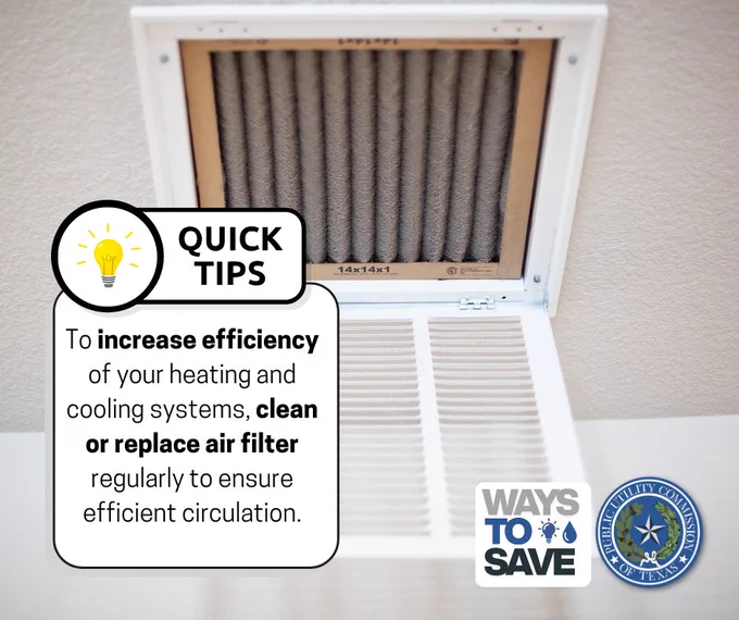 Open air vent showing a pleated air filter with a tip to clean or replace filters for better HVAC efficiency.