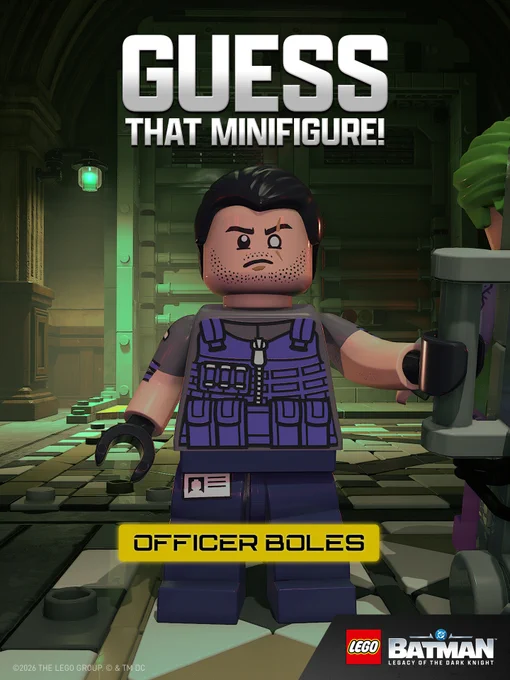 Image with a front and center LEGO minifigure of Officer Boles and text that reads "Guess that minifigure!" and "Officer Boles".