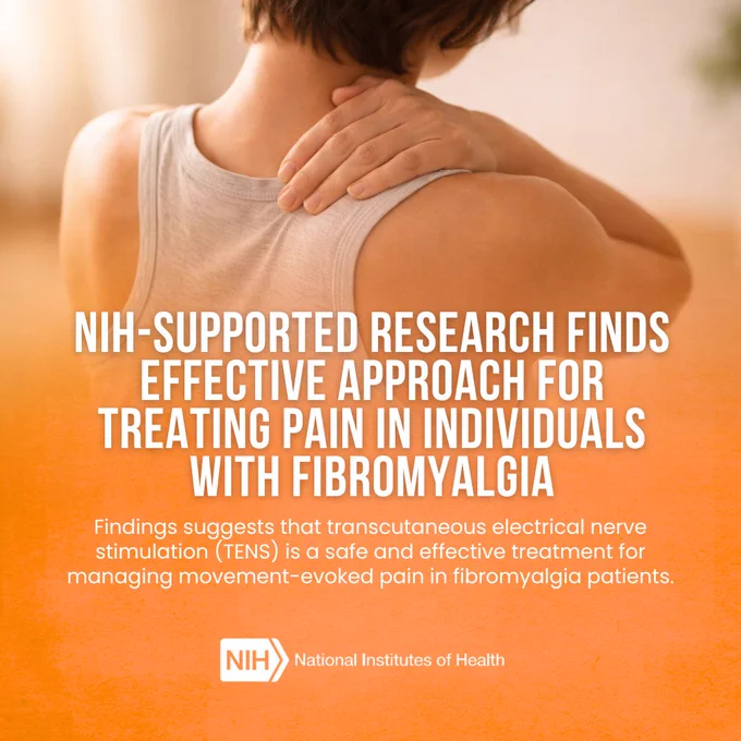 The image features a person massaging their upper back. Text overlays the image, stating, "NIH-supported research finds effective approach for treating pain in individuals with fibromyalgia," with details about transcutaneous electrical nerve stimulation (TENS) as a treatment. The NIH logo is at the bottom.