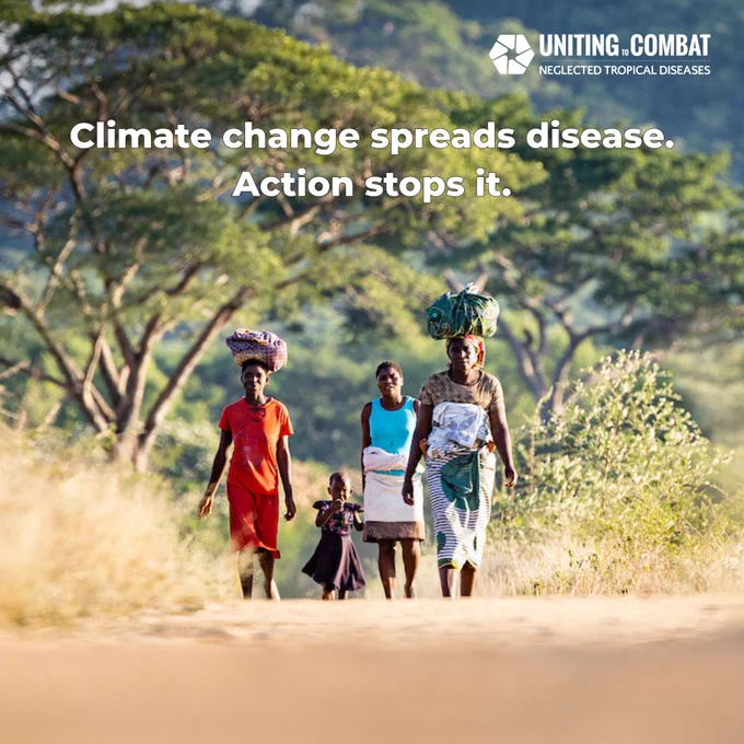 Four individuals walk along a dirt path in a rural area, carrying bundles on their heads. Text on the image reads, "Climate change spreads disease. Action stops it." The Uniting to Combat logo is in the top right corner.