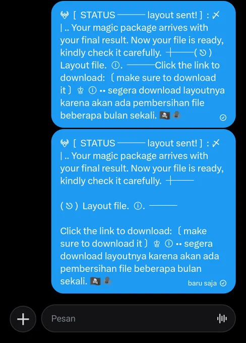 • Atas tampilan langsung di kirim make wd asli tanpa di tambahin blank text, jadinya mepet² kek orang pacaran #izinn🙏🏻

• Bawah setelah di tambahin blank text, jadinya ada jaraknya seperti hts yang udah asing #izinn🙏🏻
