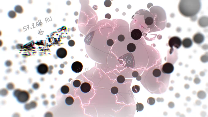 A gigantic tall woman with muscles and a ponytail looks at the viewer, worried and dissatisfied, as she is now bigger than a few universes in height. She is surrounded by a set of parallel universes, aka the multiverse, while to her left it reads "57,268 AU to [ERROR]". The woman is glowing pink-red and still has lightning bolts across her body, meaning she is still growing. This is the final part to a growth drive.