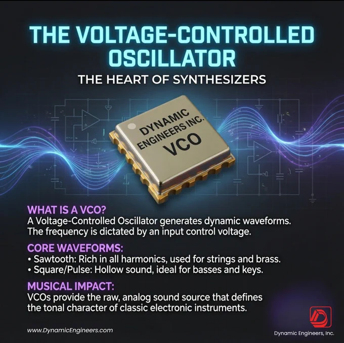 Promotional graphic titled "The Voltage-Controlled Oscillator: The Heart of Synthesizers." The image features a Dynamic Engineers Inc. VCO package centered over a circuit diagram background with flowing waveform graphics. Supporting text explains that a Voltage-Controlled Oscillator (VCO) generates dynamic waveforms and changes frequency based on input control voltage. Additional sections describe common waveform types, including sawtooth and square/pulse waves, and explain the role of VCOs in shaping the tonal character of electronic instruments and synthesizers. Dynamic Engineers Inc. branding and website are displayed.

