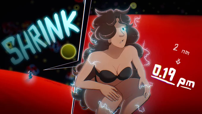 This is a two-panel illustration. To the left, the tiny figure in silhouette sits down on a red particle with a blue glow, as the big text above her reads "SHRINK", while she's looking at an environment full of atomic particles. To the right, we see the figure up close, disappointed and pondering, as there are less blue lightning bolts than last time, meaning she is starting to shrink less often. To her right it reads, "2 nm (nanometers) to 0.19 pm (picometers)".