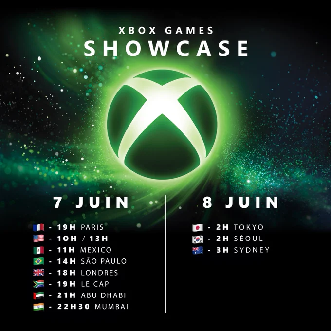 Visuel pour le XBOX Games Showcase avec les horaires du début du direct selon différents fuseaux horaires.