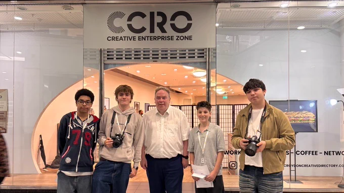 Jason Perry and young people outside Croydon Creative Enterprise Zone