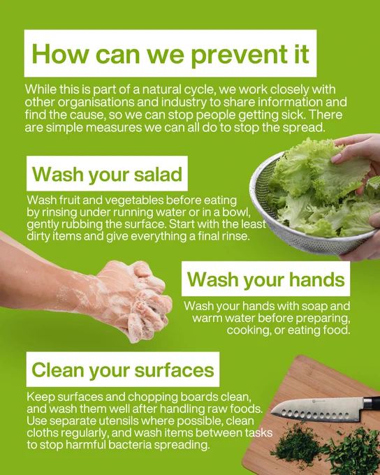 How can we prevent it
While this is part of a natural cycle, we work closely with other organisations and industry to share information and find the cause, so we can stop people getting sick. There are simple measures we can all do to stop the spread.
Wash your salad
Wash fruit and vegetables before eating by rinsing under running water or in a bowl, gently rubbing the surface. Start with the least dirty items and give everything a final rinse.
Wash your hands
Wash your hands with soap and warm water before preparing, cooking, or eating food.
Clean your surfaces
Keep surfaces and chopping boards clean, and wash them well after handling raw foods. Use separate utensils where possible, clean cloths regularly, and wash items between tasks to stop harmful bacteria spreading.