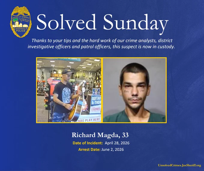 Mugshot and surveillance photo of 33-year-old Richard Magda for Solved Sunday. Thanks to your tips and the hard work of our crime analysts, district investigative officers and patrol officers, this suspect is now in custody. 