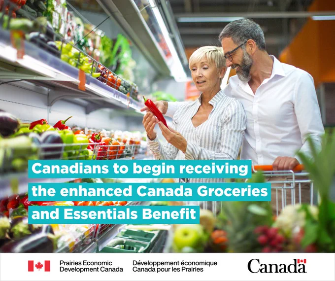 Two people grocery shopping in a colourful refrigerated produce isle, with text "Canadians to begin receiving the enhanced Canada Groceries and Essentials Benefit".