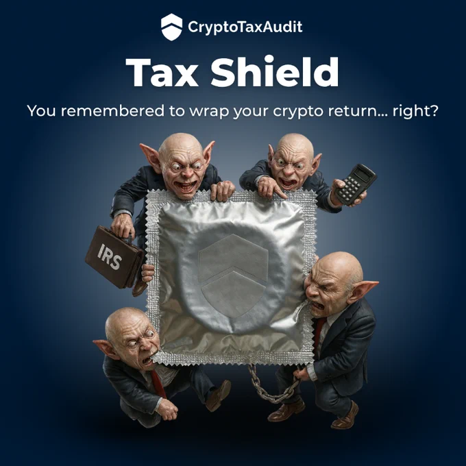 CryptoTaxAudit Tax Shield graphic showing goblin-like IRS agents surrounding a giant protective shield, with the text “You remembered to wrap your crypto return... right?” 