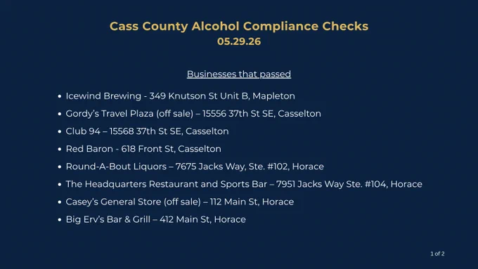 List of Cass County alcohol compliance checks dated 05.29.26 showing multiple businesses that passed, including names and addresses.