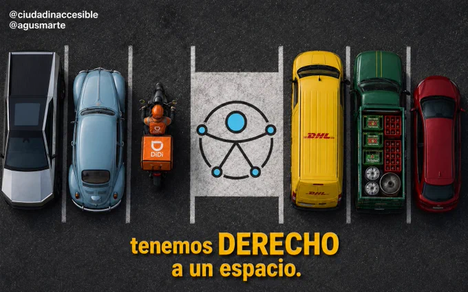 La imagen es de un estacionamiento con diferentes vehículos y al centro un estacionamiento destinado a personas con disCAPACIDAD, abajo la leyenda, Tenemos derecho a un espacio.