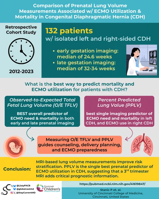 Infographic titled "Comparison of Prenatal Lung Volume Measurements Associated with ECMO Utilization & Mortality in Congenital Diaphragmatic Hernia (CDH)." A retrospective cohort study from 2012-2023 involving 132 patients with left and right-sided CDH. Early gestation imaging median is 24.6 weeks; late is 32-34 weeks. Two key metrics: Observed-to-Expected Total Fetal Lung Volume (O/E TFLV) and Percent Predicted Lung Value (PPLV). O/E TFLV is the best predictor for ECMO need and mortality. PPLV is noted for left CDH and ECMO use in right CDH. Conclusion highlights MRI-based lung volume measurements for improved risk stratification. Includes logos for Cincinnati Children's and @StayCurrentMD.