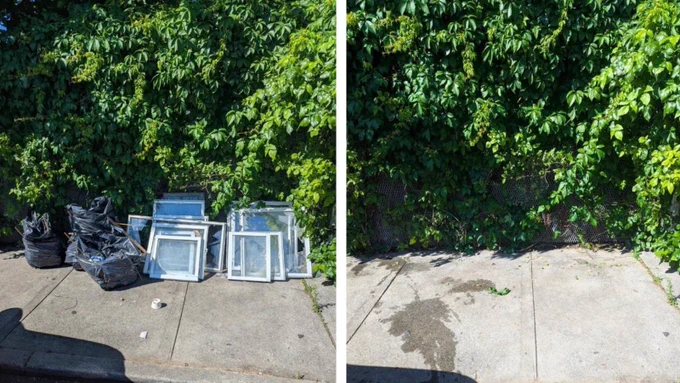 a set of images side by side, with the left image showing trash bags and window frames abandoned on the ground, with them being removed in the right image. green bushes are in the background. 