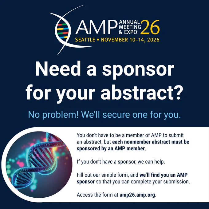 AMP 2026 Annual Meeting in Seattle offers to find sponsors for nonmembers submitting abstracts.