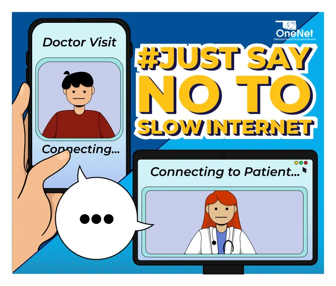 OneNet logo, doctor and patient trying to connect to a telehealth visit that is loading slowly due to their connection - Text reads "#JustSayNoToSlowInternet"