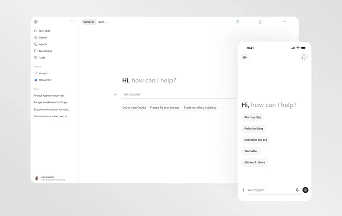 Microsoft 365 Copilot interface on desktop and mobile showing chat prompt and suggested tasks.