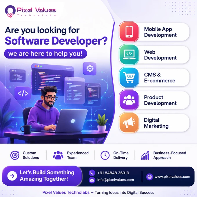 From Mobile Apps to Web Development, E-Commerce, Product Development, and Digital Marketing — Pixel Values Technolabs delivers solutions that drive business growth.

#EcommerceDevelopment #CMSDevelopment #ProductDevelopment #DigitalMarketing #BusinessGrowth #StartupSolutions #CustomSoftware #ITServices #TechnologyPartner #DigitalTransformation #AppDevelopment #WebsiteDevelopment #Innovation #TechSolutions #SoftwareCompany #IndiaBusiness