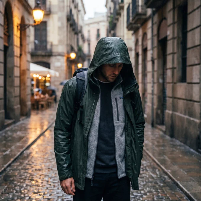 A traveler in a rainy European city wearing a three-layer travel outfit — base layer, fleece, and rain jacket with a backpack.