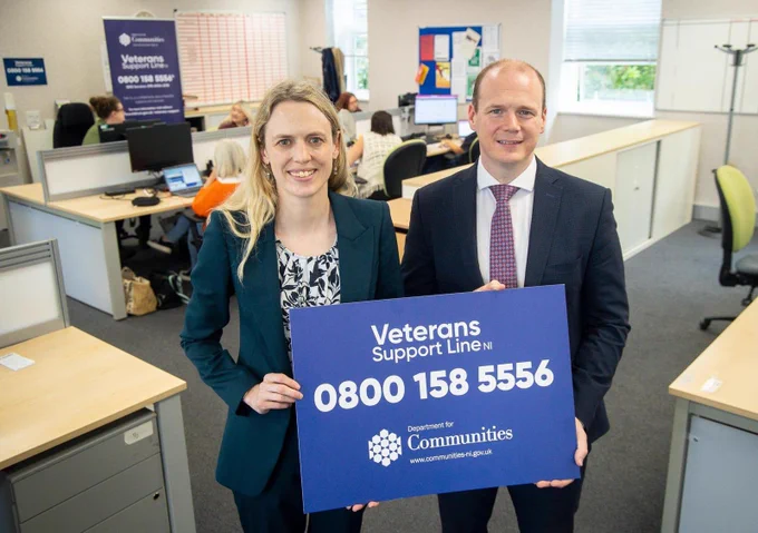 Minister Lyons and Minister for Veterans and People Louise Sandher-Jones MP met staff working on the Veterans Support Line NI.