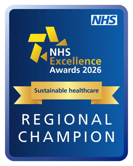 NHS Excellence Awards 2026 badge for Sustainable Healthcare Regional Champion on a blue background.