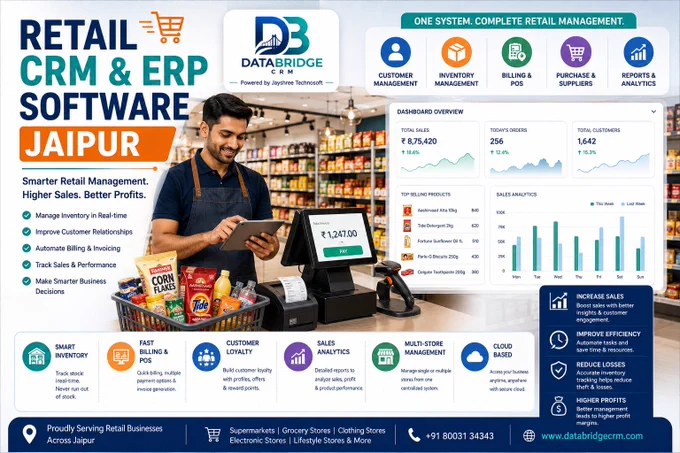 🛒 Jaipur Retailers, Go Smart!

Manage inventory, billing, customers & sales from one powerful platform. Boost efficiency, reduce losses, and grow profits with DataBridge CRM.

#JayshreeTechnosoft #DataBridgeCRM #RetailERP #JaipurRetail