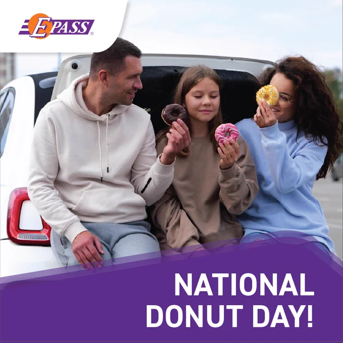 Three people sit on the back of a car, enjoying donuts. The image promotes "National Donut Day" with the Express Pass logo in the corner.