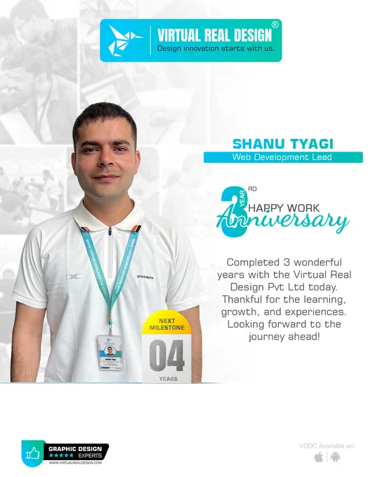 Shanu celebrating his 3rd work anniversary as Web Development Lead at VRD. 🎉💻