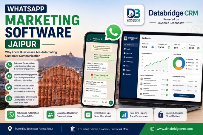 📱 Jaipur Businesses, Grow with WhatsApp!

Automate customer conversations, send offers instantly, and manage leads from one smart platform. Turn chats into customers with DataBridge CRM.

#JayshreeTechnosoft #DataBridgeCRM #WhatsAppMarketing #JaipurBusiness