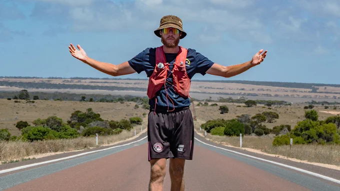 Jack Pitcher, pictured on his record-breaking 61 day run across Australia.