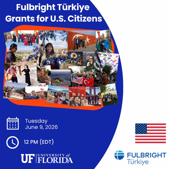 Collage of cultural and travel photos promoting Fulbright Türkiye grants for U.S. citizens with event details on June 9, 2026, at 12 PM EDT.