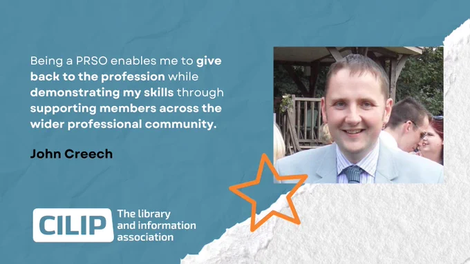 Professional in a suit sharing how being a PRSO helps him give back and support the wider professional community in librarianship.