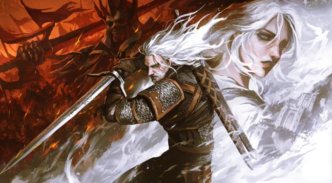 Digital illustration featuring Geralt of Rivia, Ciri, and Eredin from The Witcher 3: Wild Hunt. Geralt stands in the center with his sword drawn and his hair loose. A large portrait of Ciri appears behind him on the right in icy white tones. Kaer Morhen is visible next to her. On the left, Eredin is shown against a fiery orange and red background.